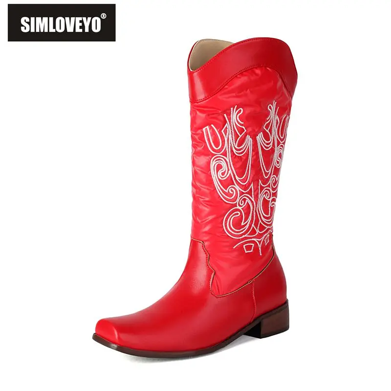 

SIMLOVEYOМодные женские ботинки в стиле вестерн с квадратным носком и квадратным каблуком 3 см, без шнуровки с вышивкой, большие размеры 44 45 46, для отдыха, на каждый день