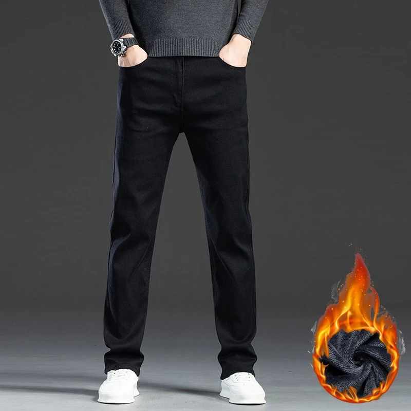 

Мужские осенне-зимние утолщенные джинсы на флисовой подкладке, мужские модные свободные прямые облегающие джинсовые брюки, теплые повседневные брюки