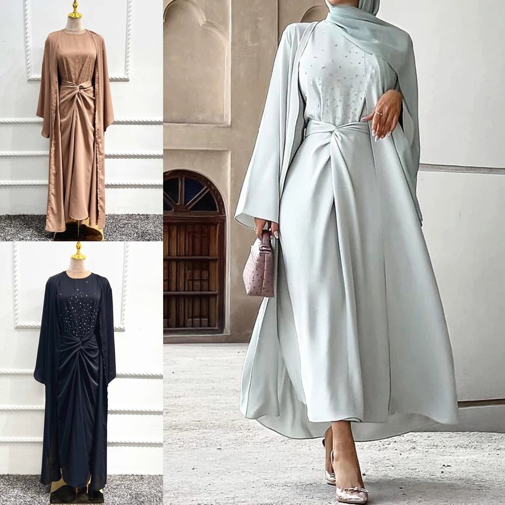 

Ramadan Muslim Hijab Dress 3 Pieces Caftan Suits Elegant Long Islamic Open Abayas Dress Wrap Women Modest Wear Clothing Eid Sets