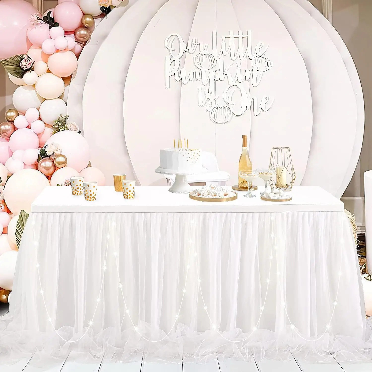 

White Tulle Table Skirt for Party,3Pcs-6FT White Ruffle Tutu Table Skirt with LED Light for Wedding Bridal Shower Baptism Birthd