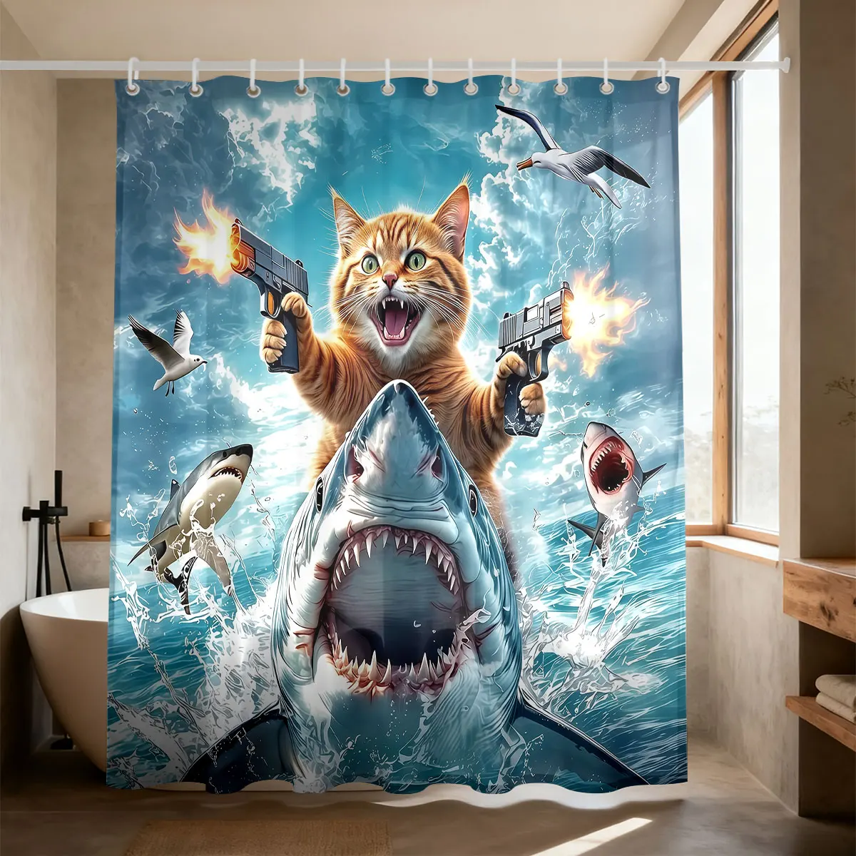 1pc Funny Cat Shark Print  Bathroom Window Covering Curtain Decor Shower Curtain Partition Privacy Hanging Curtains 12 Hooks