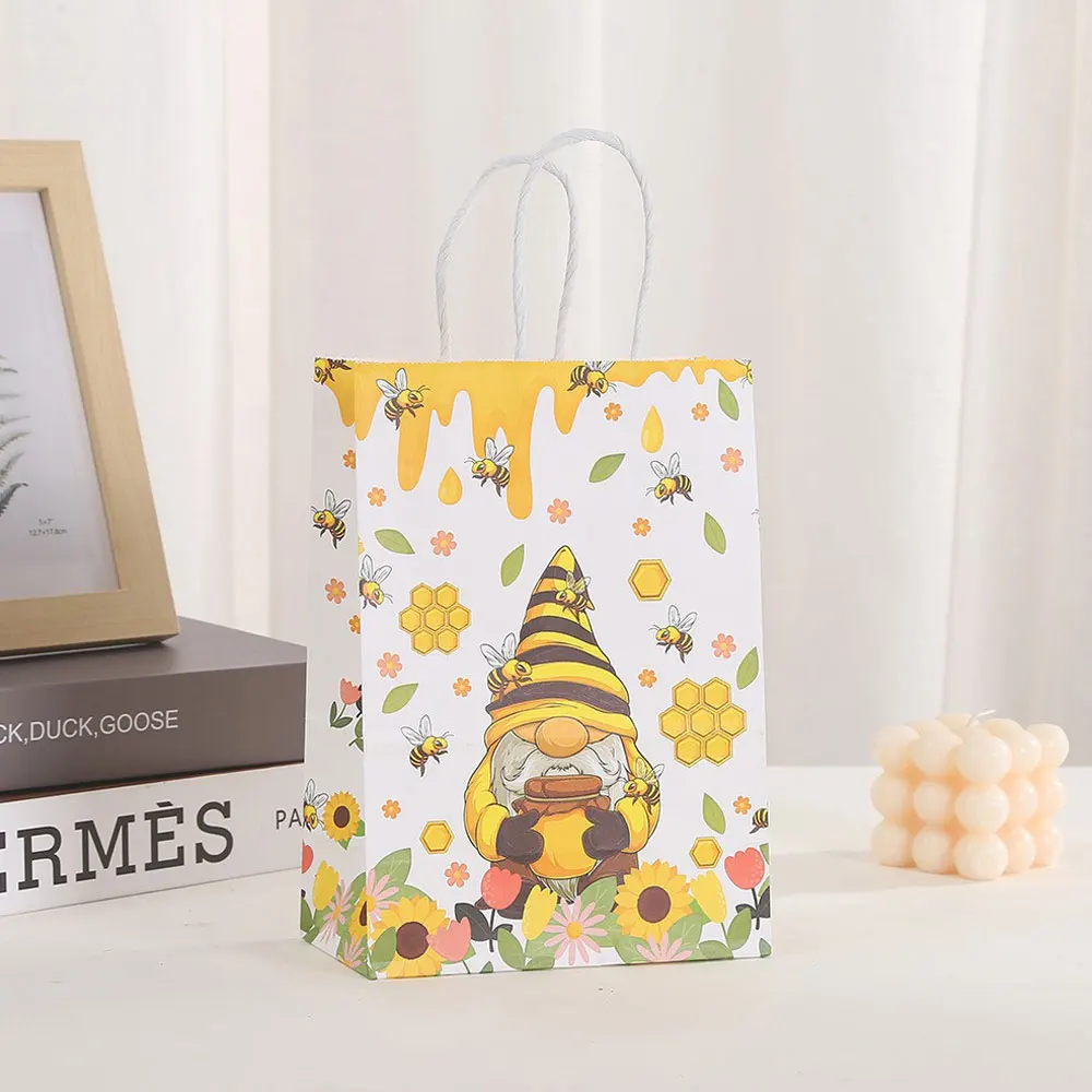 24pcs Cute Bee Kraft Paper Bag Recyclable Festival Gift Shopping Packaging Bags Sweet Honey Birthday Party Supplies