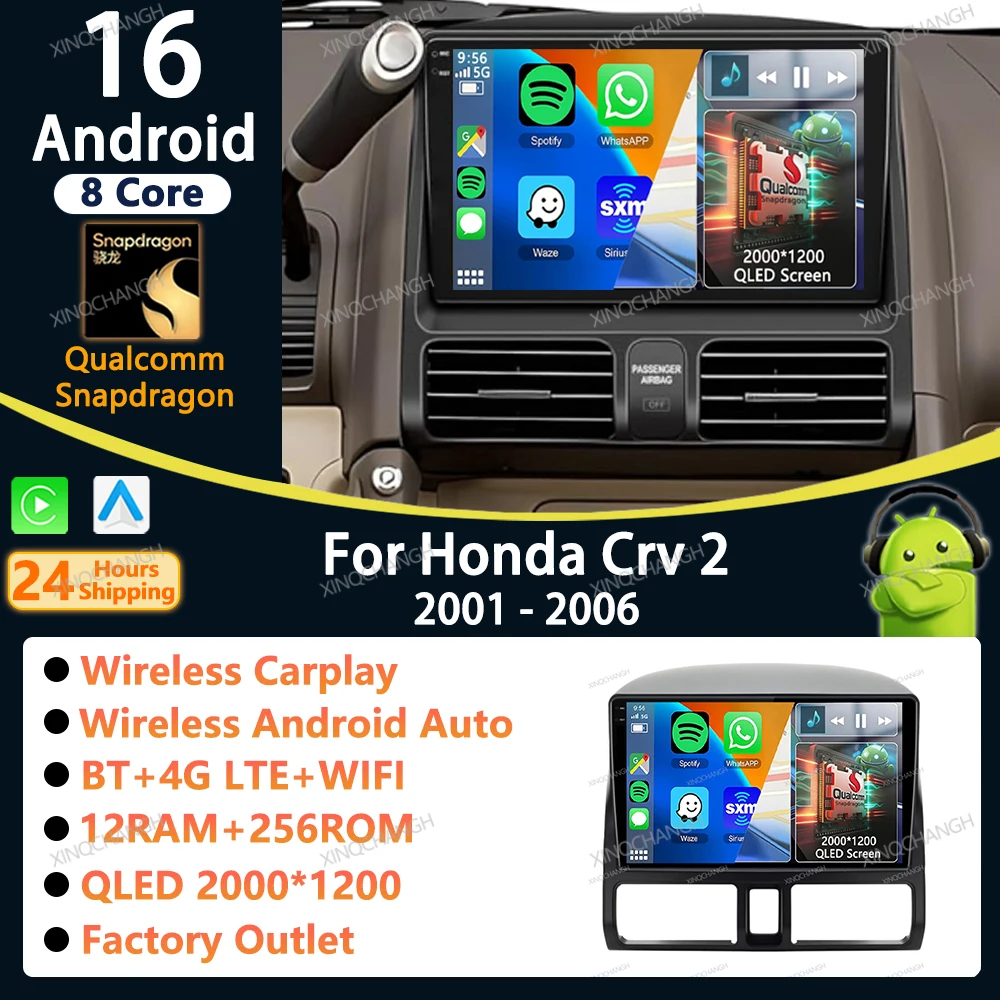Rádio Automotivo Android 16 com Carplay Auto para Honda CR-V CRV 2 2001 2002 2003 - 2006, Unidade Principal com Kit de Painel de Montagem no Painel e Acessórios de Áudio