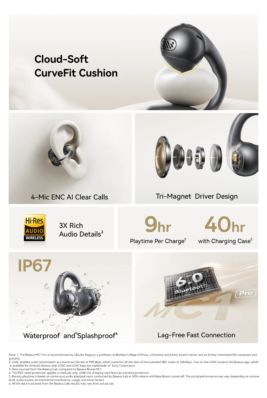 Baseus Bowie MC1 Cuffie Open Ear A Clip – Suono Potente, Bluetooth 5.4, Impermeabili IP57 E Batteria 40 Ore