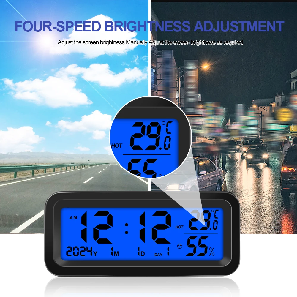 Solar Car Clocks Automotive Electronic Led Digital Clock Thermometer Hygrometer DisplayTime with Back Luminous Car Accessories