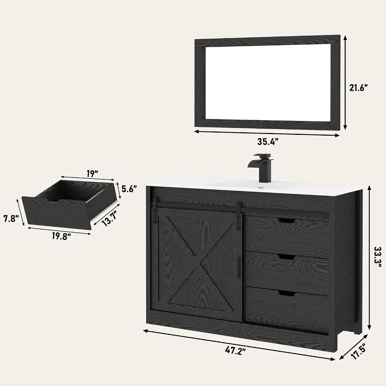 Bathroom Vanity With Sink And Mirror, Freestanding Wood Washstand Storage Cabinet Combo With Faucet And Sliding Barn Door, Modern Farmhouse Single Sink Vanity Set With Drawers, Wood Grain Black view 2