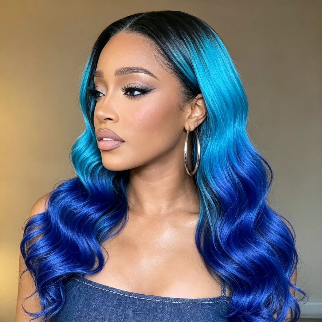 13x4 Lace Front Human Hair Wig for Women, Black Ombre Blue Body Wave Human Hair Wigs, Pre Plucked Hairline Wig for Daily Party