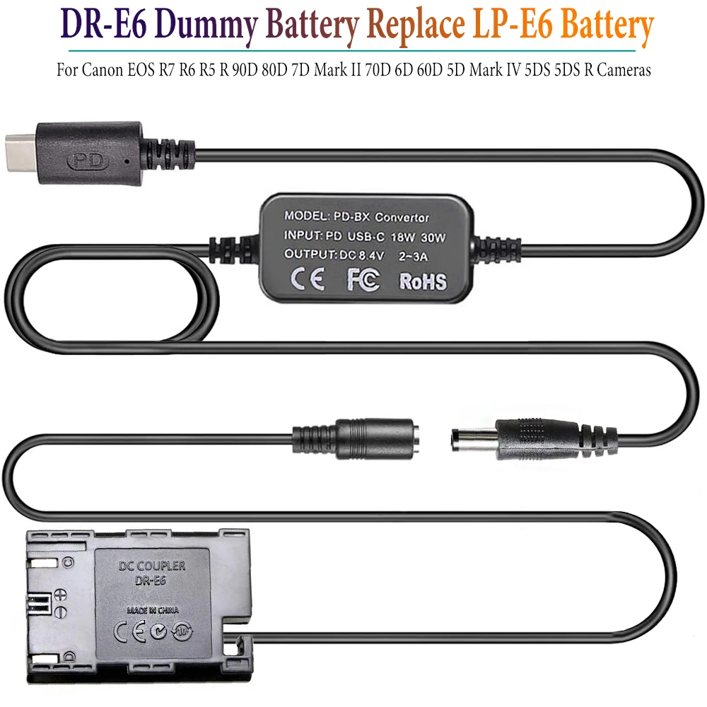 

DR-E6 Dummy Battery USB-C Cable PD Adapter Kit for Canon EOS R7 R6 R5 90D 80D 7D Mark II 70D 6D 60D 5D Mark IV 5DS 5DS R Cameras