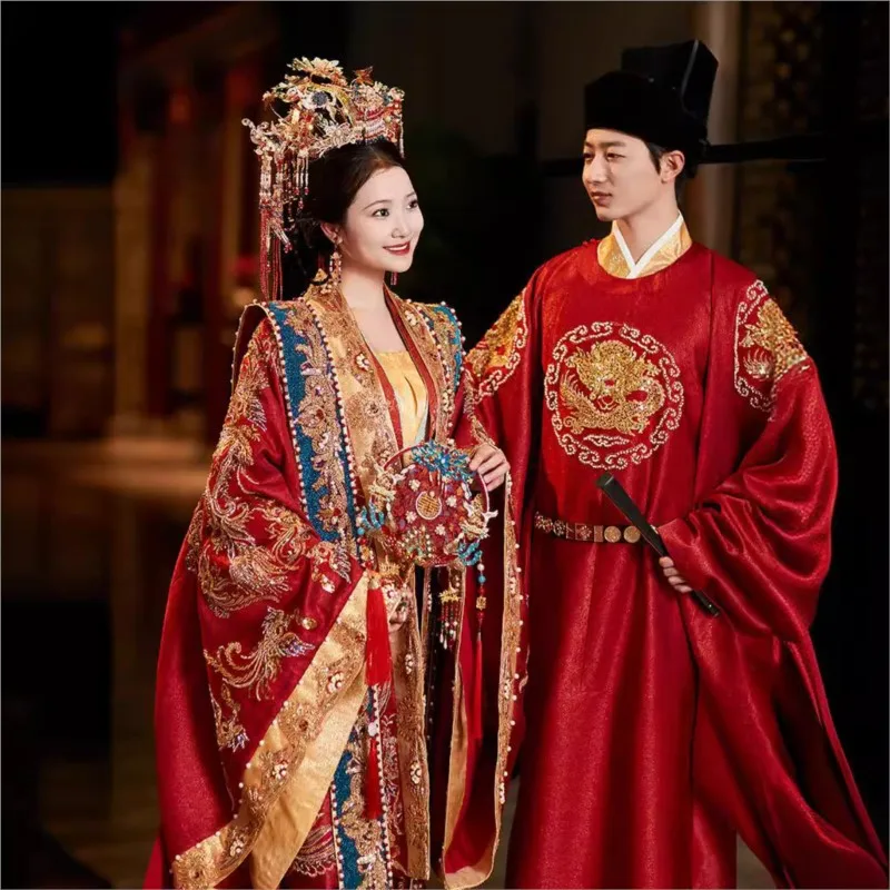 

Hanhun Heavy Industry Ancient Chinese wedding dress Phoenix Crown and red cape Couple Set full dragon
