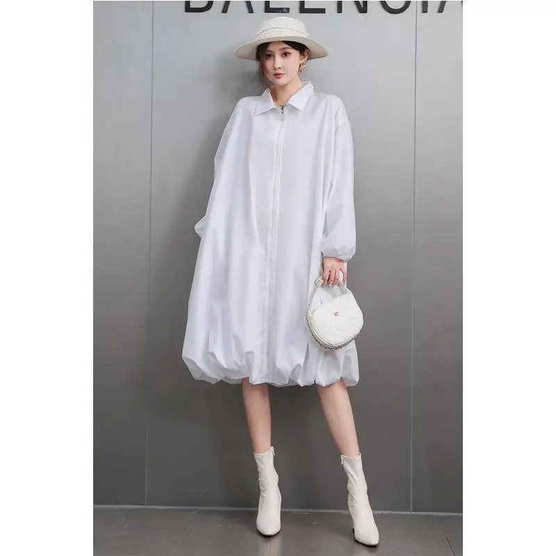

Minimalist Niche Design Solid Color Medium Length Shirt Dress Loose Long Sleeved Lantern Dresses Fashion Versatile Robes блузки