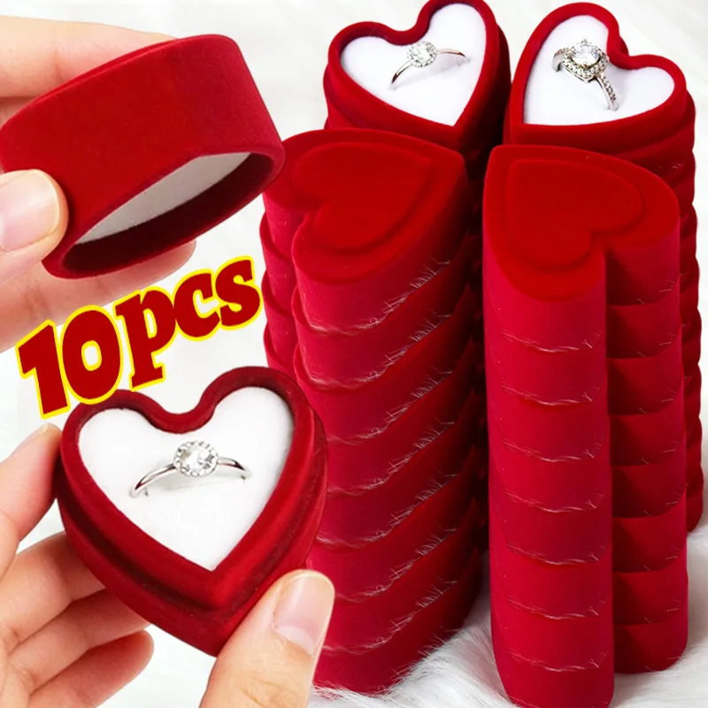 

1/10Pcs Top-and-bottom Lid Ring Boxes Flocking Red Heart Shape Earrings Display Cases Holder Gift Romantic Wedding Jewelry Cases