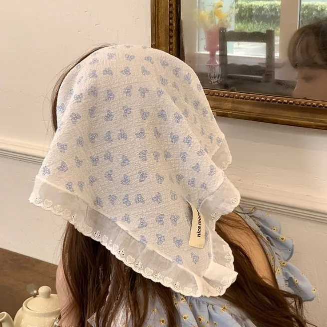 French Style Lace Triangular Binder Headscarf Beige French Farm Style Girl Korean Style Ins Style Lace-up Hair Band Toe Cap