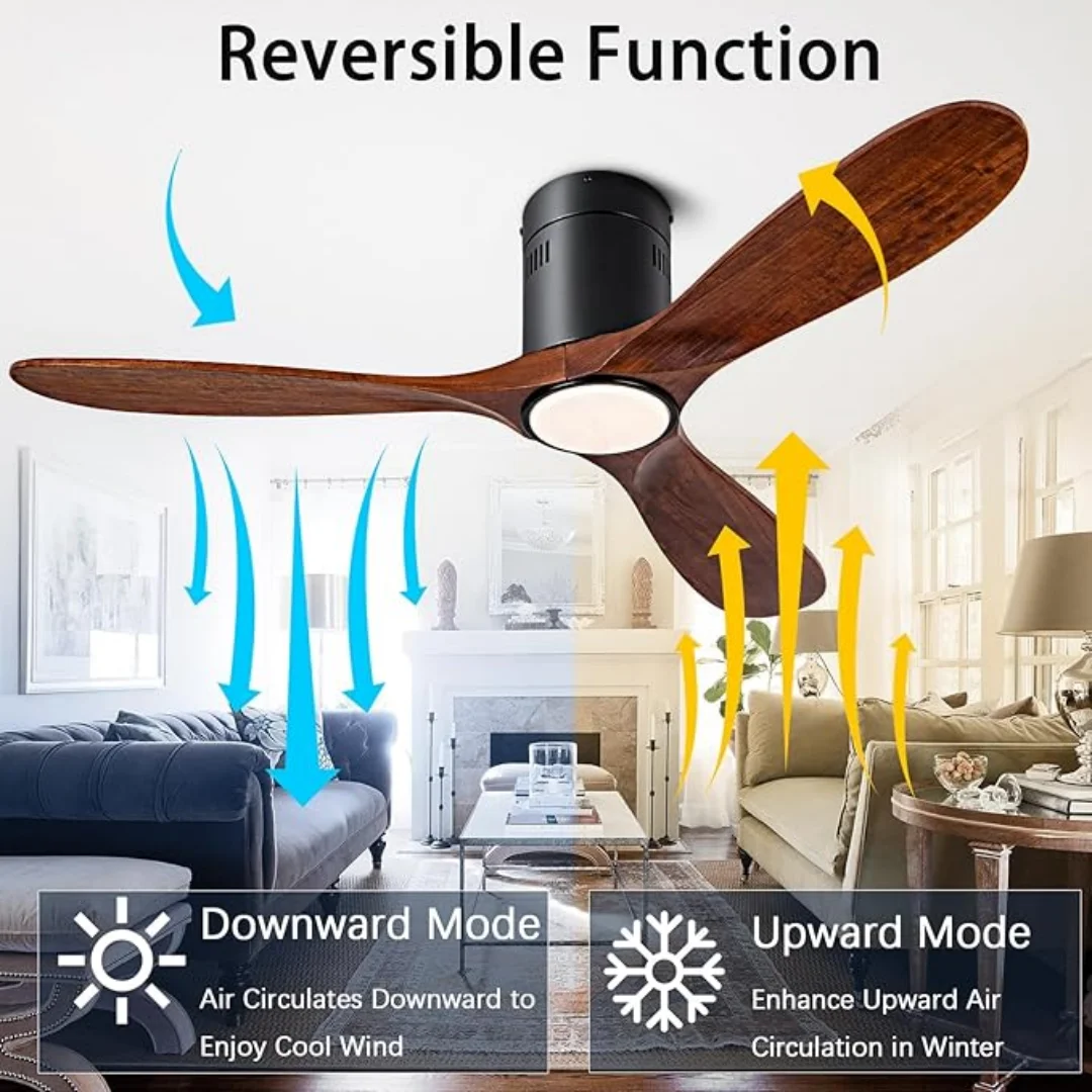 52 Inch Solid Wood Ceiling Fans Remote Control 32W Silent Ceiling Fan with Light Tricolor Light Living Room Lighting