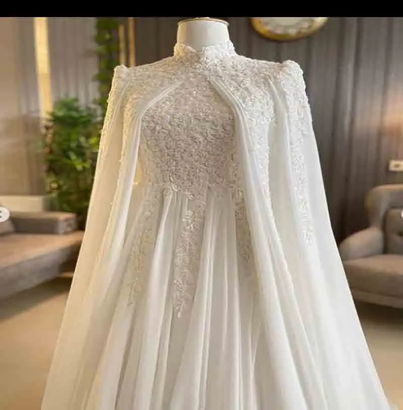 Gorgoeus caftan mariage vestido de casamento 2022 com capa elegante dubai árabe muçulmano igreja casamento vestidos de renda apliques noiva chique