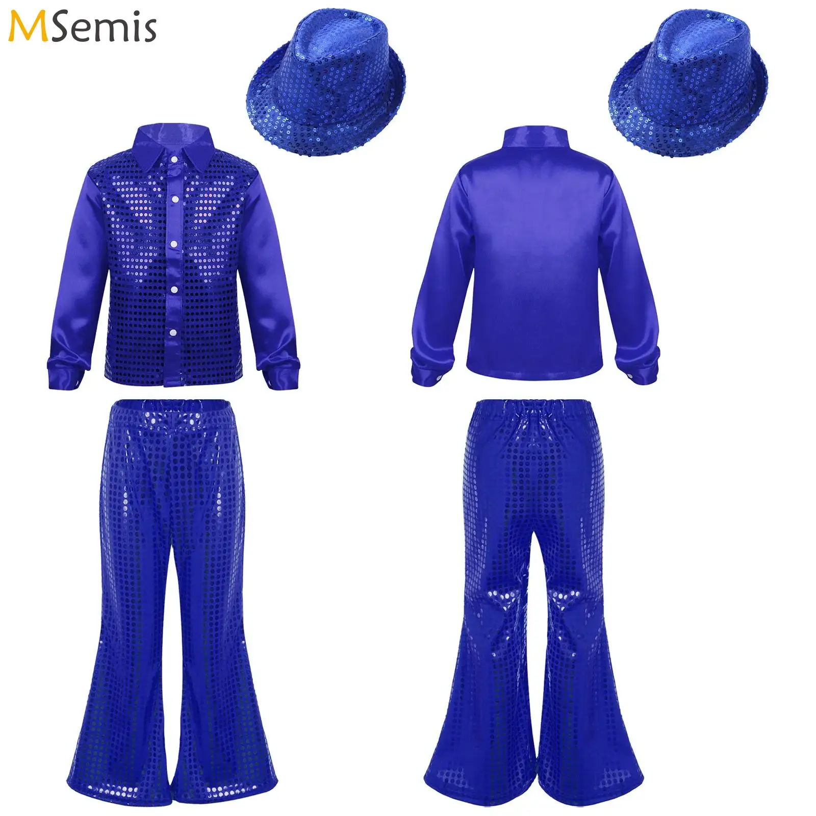 

Kids Boys Girls Glittery Sequined Dance Clothes Teens Long Sleeves Waistcoat Shirt with Hat Flared Pants Hip Hop Jazz Ballroom