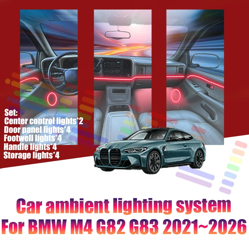 

Для BMW M4 G82 G83 2021~2026: Светодиодные атмосферные лампы, цветная подсветка салона, неоновая лента, 64 RGB-цвета