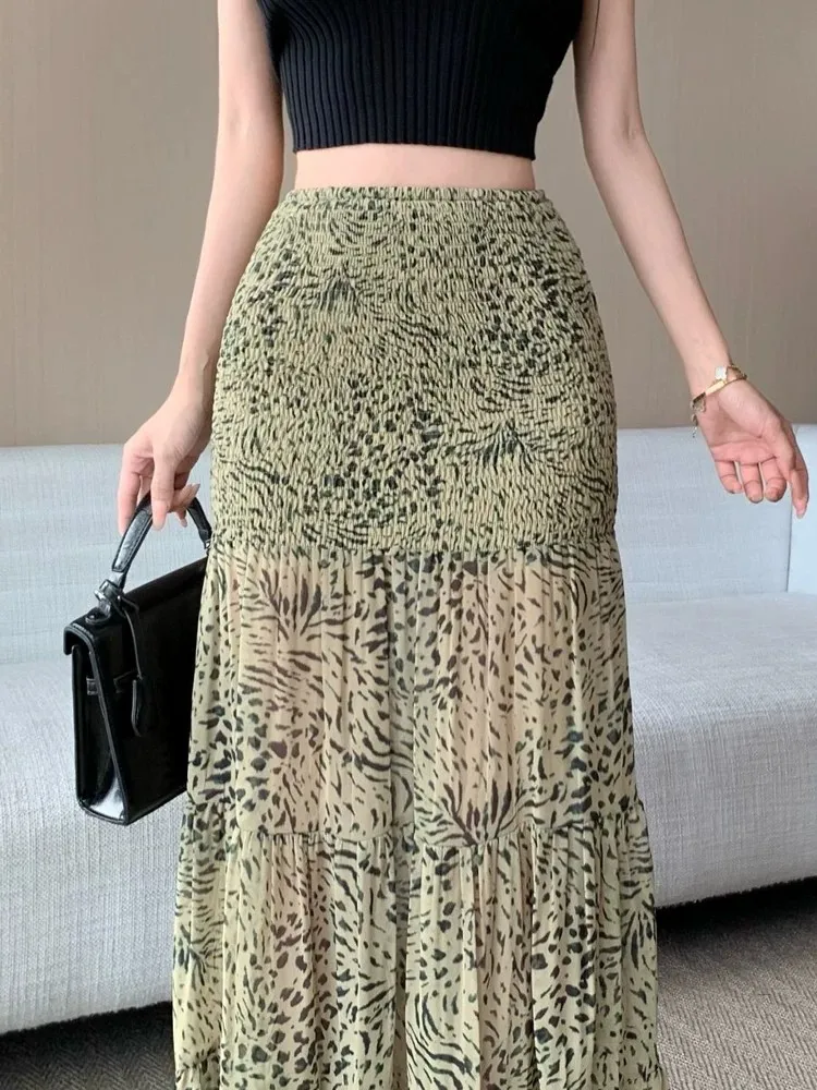 Skirt Vintage Hot Girl Leopard Mesh For Women Summer Elegant High Waist Slimming Design Niche A Line Hip Wrap Mermaid Dress