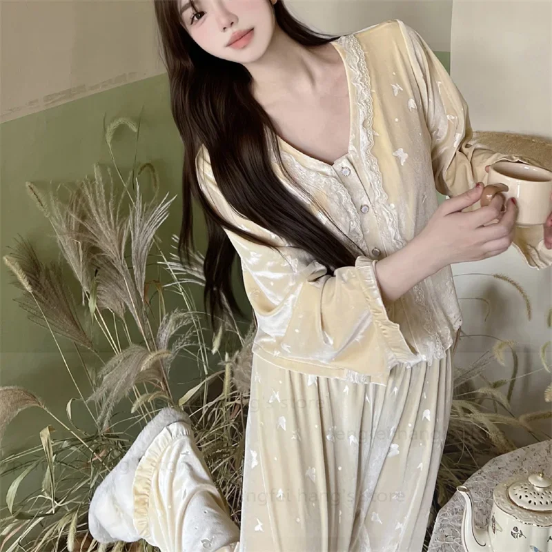 Sexy Lace Trim Pajamas Suit Women Warm Velour Sleepwear Autumn Winter Pijama Mujer Nightwear Princess Style Pyjamas Femme