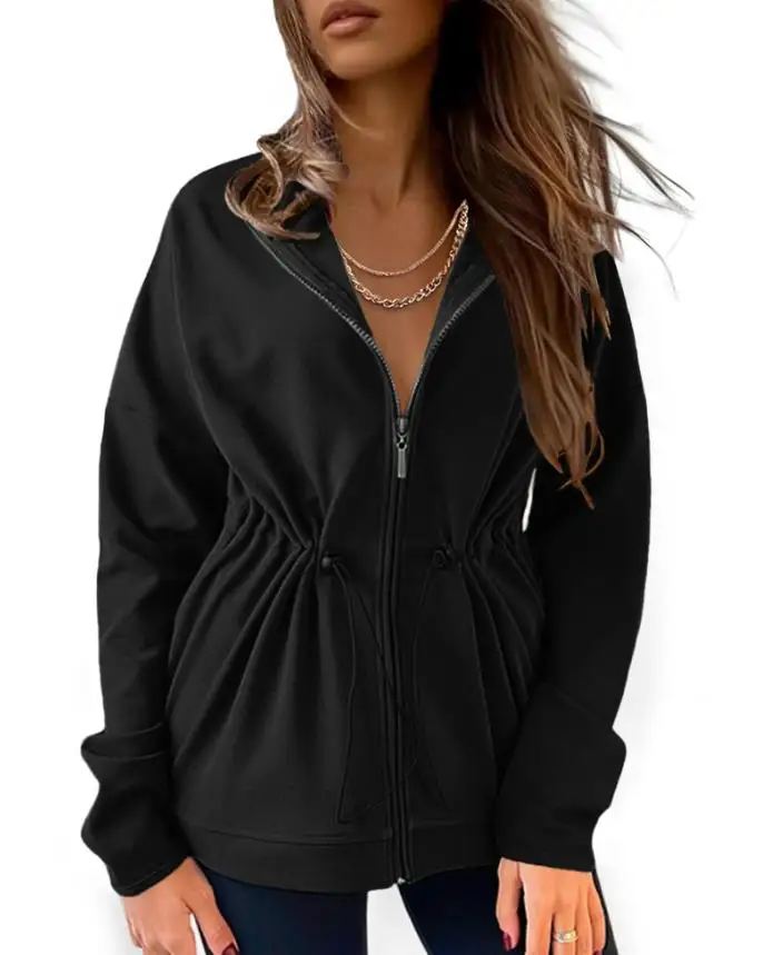 

Long Sleeve Waist Drawstring Hooded Coat Casual Loose Fit Cardigan Jacket with Pockets