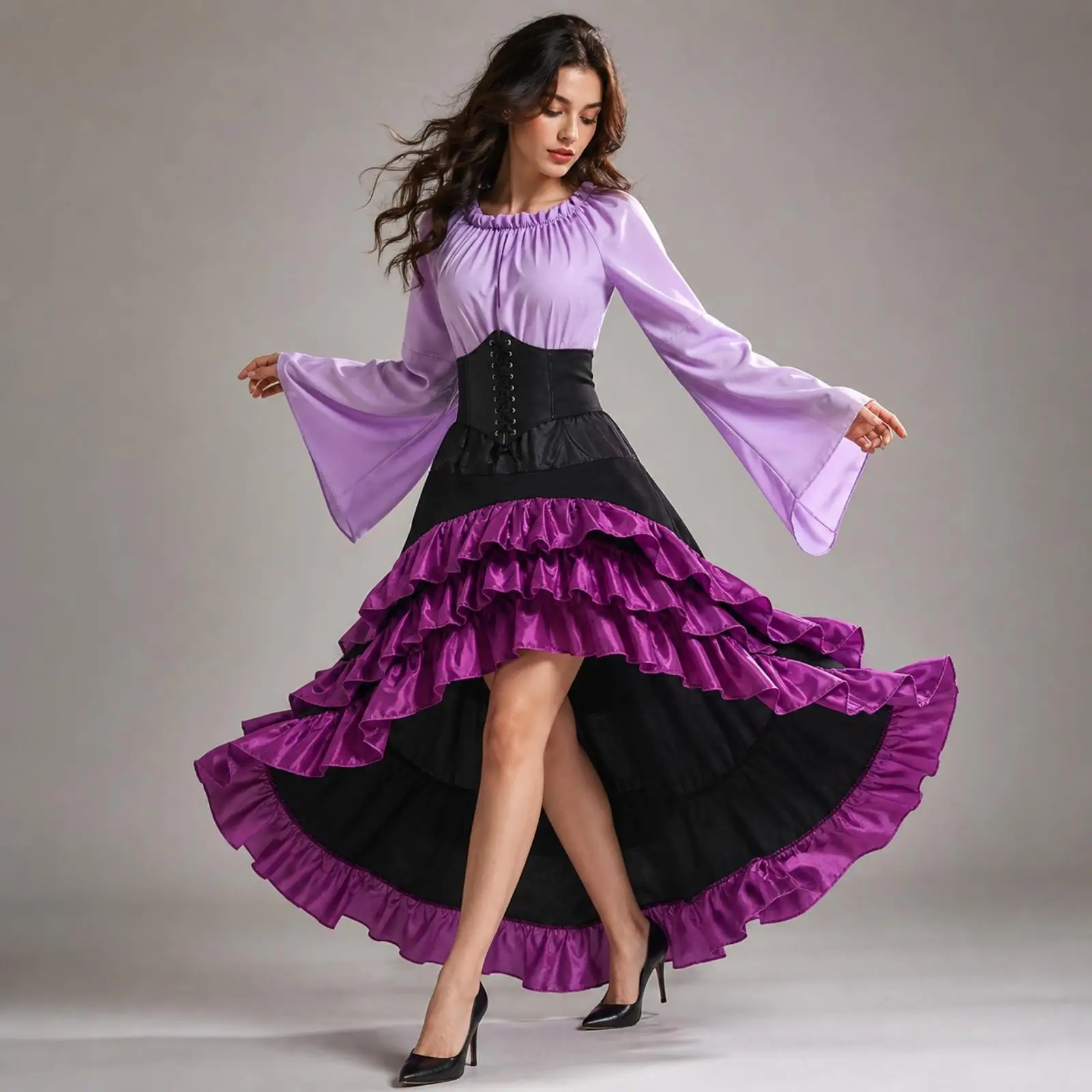 Pirate Queen Dress for Women Theatrical Costume with Flared Sleeves and Layered Ruffle Skirt