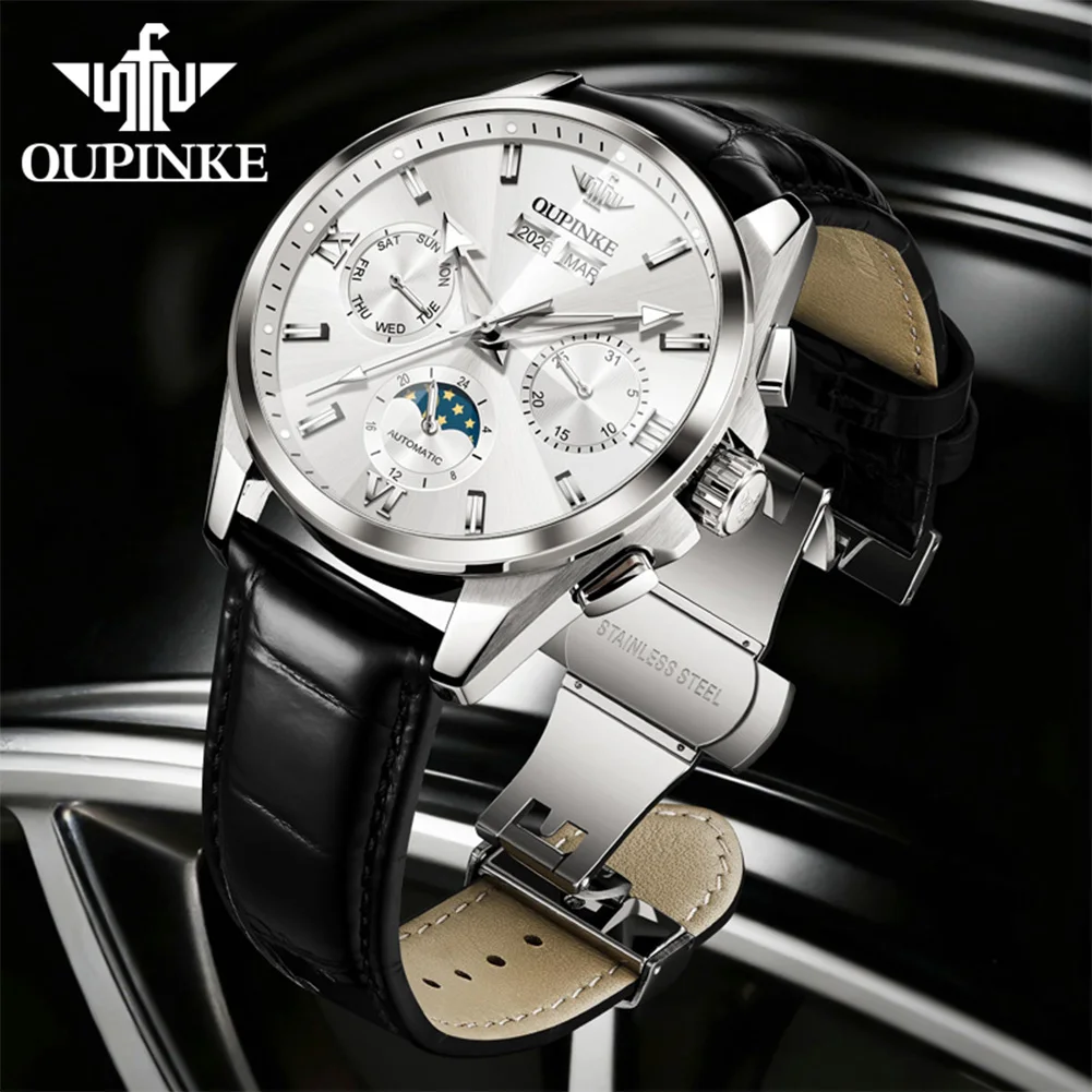 OUPINKE 3325 Mechanical Men Watch Automatic Movement Wristwatch Multi functional Moon phase Waterproof Man Hand Clock