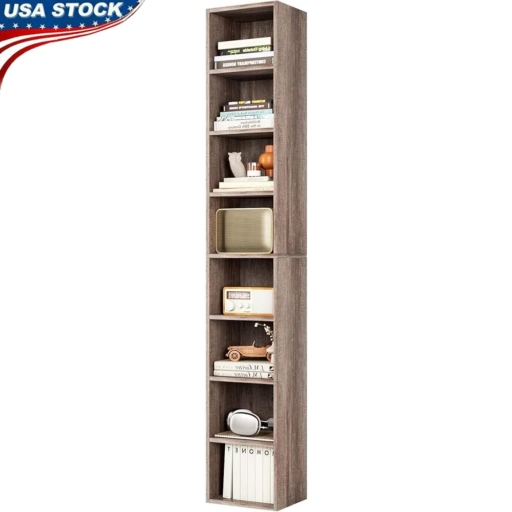

8-Tier CD DVD Media Tower Rack Slim Storage Cabinet Tall Narrow Bookcase Adjustable Shelves Organizer Home Office Living Room