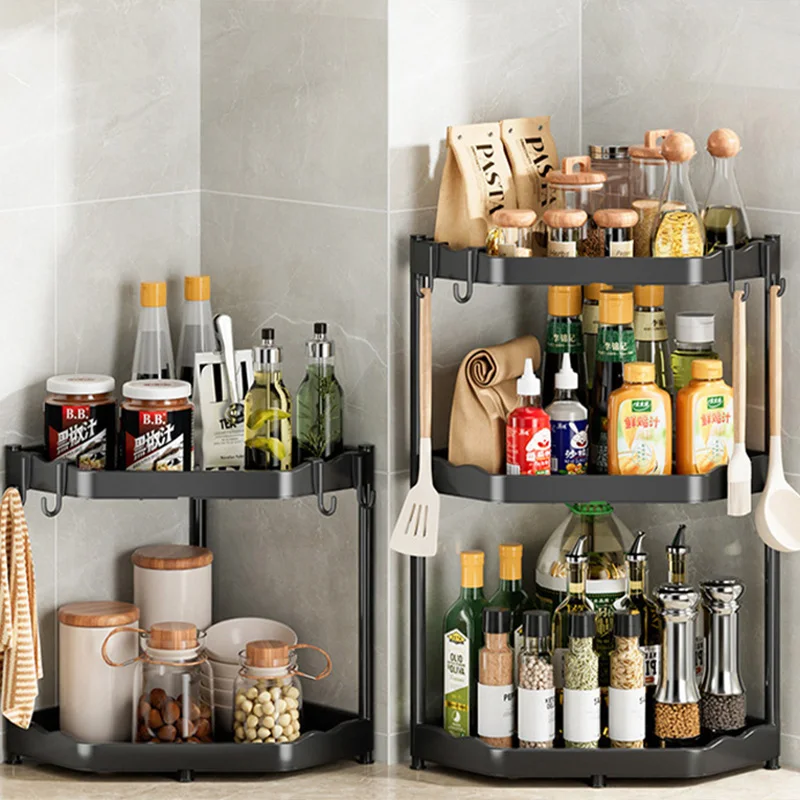 Kitchen Corner Shelf Multi Layers Seasoning Tripod Rack Multifunctional Storage Rack With Hook metal plastic Kitchen Organizer