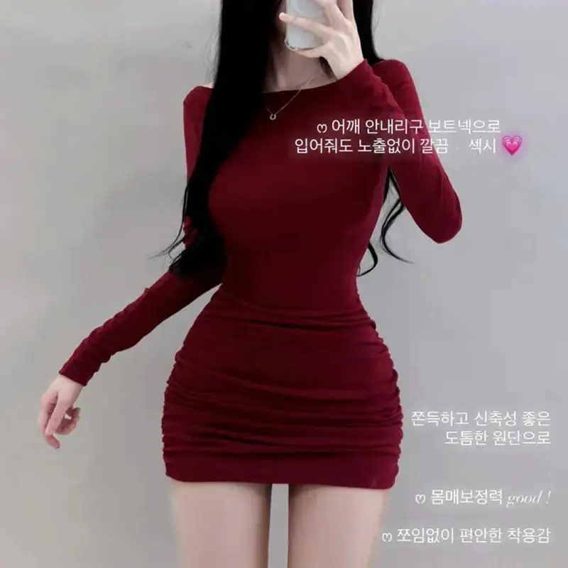 Korean Dongdaemun New Style One Shoulder Folded Hem Slim Fit Wrap Body Short High Waist Knitted Cotton Sexy Dress for Youth