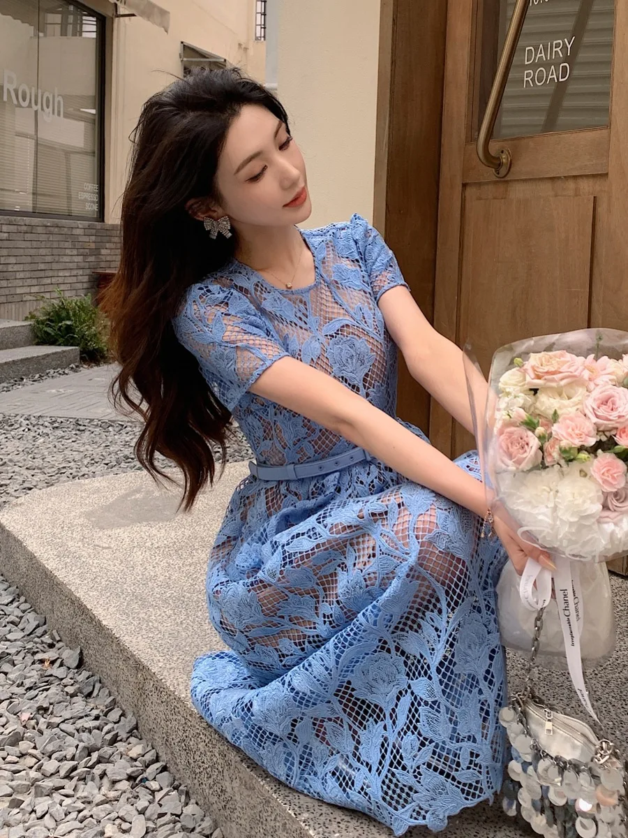 AELESEEN High Quality Lace Dress Women Summer Short Sleeve Blue Hollow Out Belt Slim Flower Embroidery Midi Party Holiday