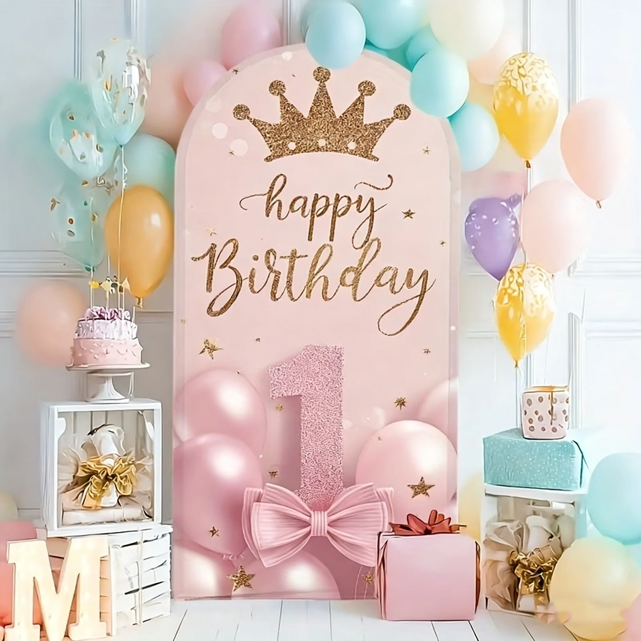 

Sweet Newborn Girl Happy 1st Birthday Background Golden Crown Pink Bow Balloons Themed Party Backdrop Chiara Arch Covers Props
