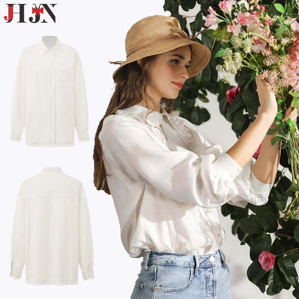 JHJN-Chemisier en dentelle à manches longues pour femme, col claudine creux, chemise monochrome pour femme, bouton élégant, blanc, mode de bureau, nouveau, printemps
