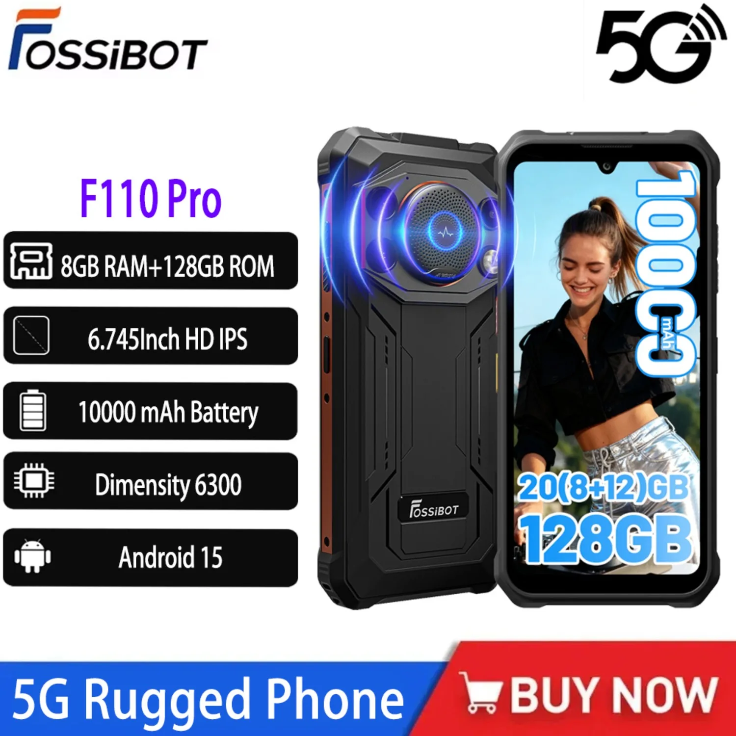 2025 NEW Fossibot F110 Pro 5G Rugged Phone Dimensity 6300 5G 8GB+128GB 50MP+8MP Camera 6.75 “ Screen 10000mAh Battery Android 15
