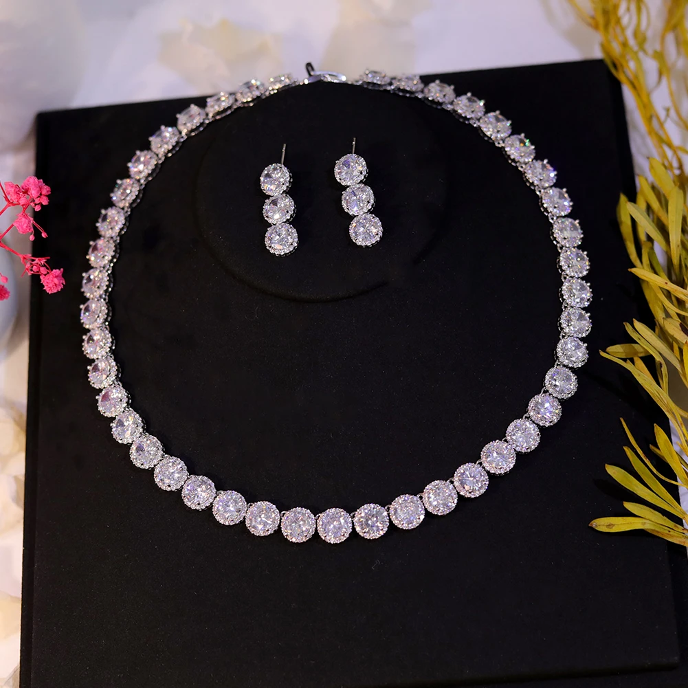 2024 New Luxury Cubic Zirconia Jewelry Set Wedding Party Accessories Trendy Red and Green Colors Circular CZ Necklace for Women