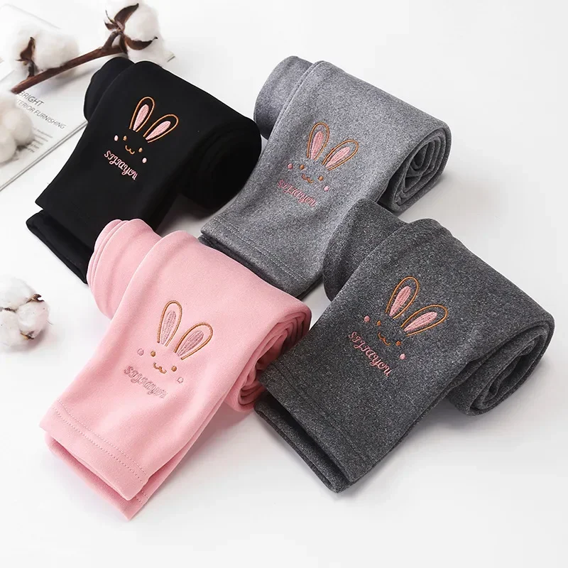 Autumn Winter Baby Girls Leggings Thick Warm Cute Rabbit Pants Kid Girl Plus Velvet Pants Children Solid Trousers 2-8Years