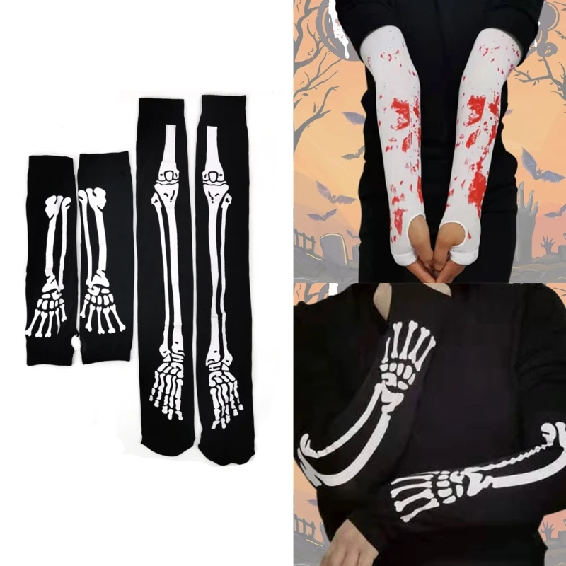 Bloody Skeleton Spiders Web Sleeve Long Tube Socks Set for Women Halloween Stockings Skull Arm Warmer Sleeve 2 Pairs