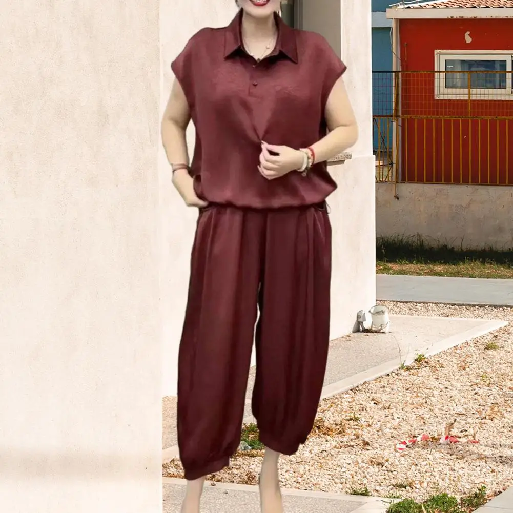 Women Two-piece Set Polyester Stylish Women's Two-piece Outfit Set V Neck Top Long Pants Summer Lounge Suit for Mom Comfortable