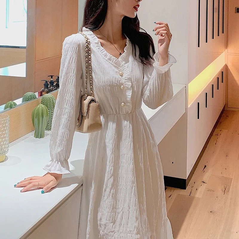 

2023 Summer KPOP Fashion Style Chic Dresses Women Loose Casual All Match Vestidos De Fiesta Long Sleeve V Neck Women's Clothing