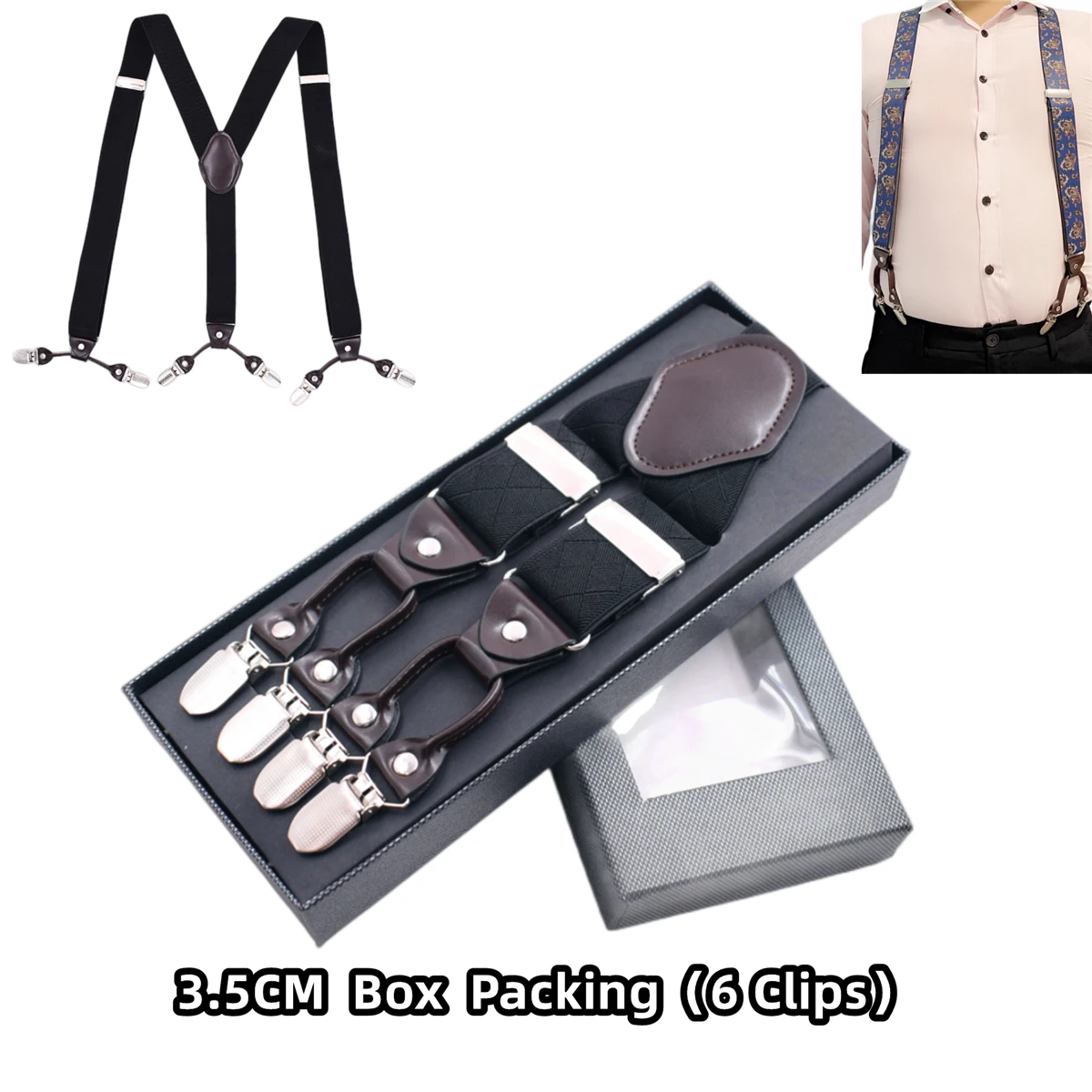 3.5CM Men's  Suspenders 6 Clips Leather Vintage Suspenders for Men's Suit Pants Adjustable Y-Shaped Straps Box Packing B0803