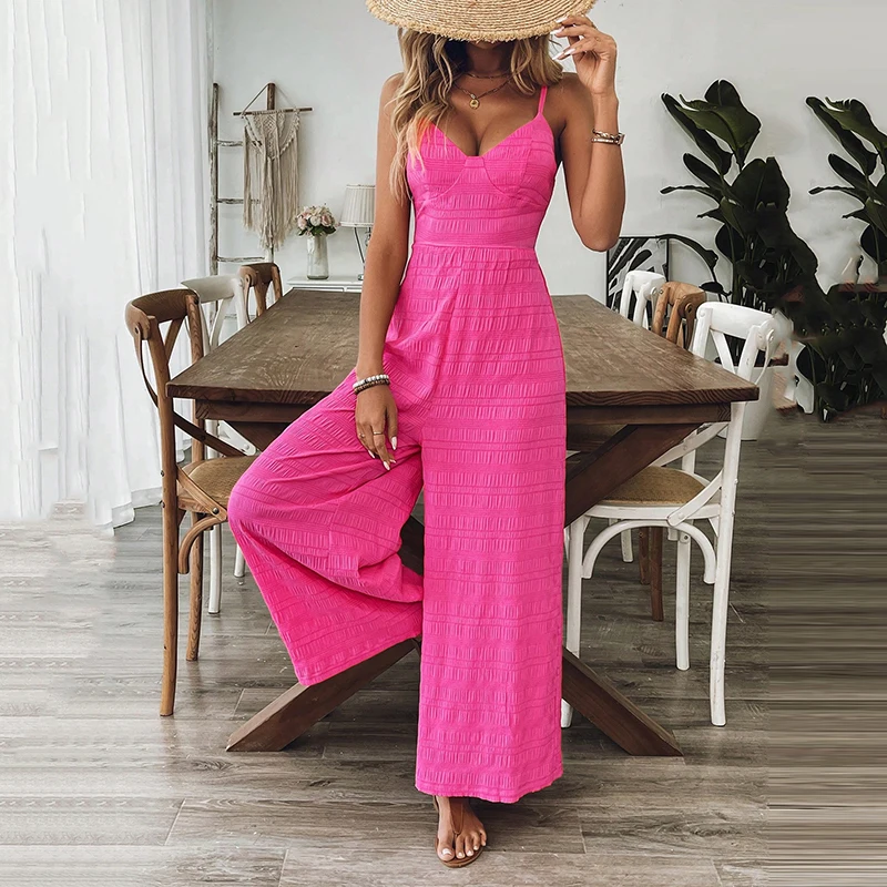 여름 캐주얼 휴가 새로운 스타일 여성 점프 슈트 세련된 로즈 레드 섹시한 서스펜더 백리스 스트랩 플라워 와이드 발 점프 슈트