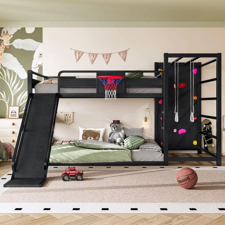 

Full Size Metal Bunk Bed with Slide, Heavy Duty Full Low Loft Bed Frame with Basketball Hoop, Pullup Rings, Climbing Wall, and