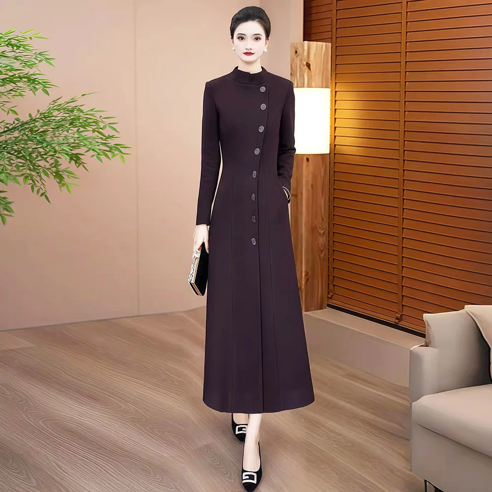 New Women Elegant Long Woolen Coat Spring Autumn Fashion Simplicity Stand Collar Single Breasted Slim Waist Wool Blends Coat
