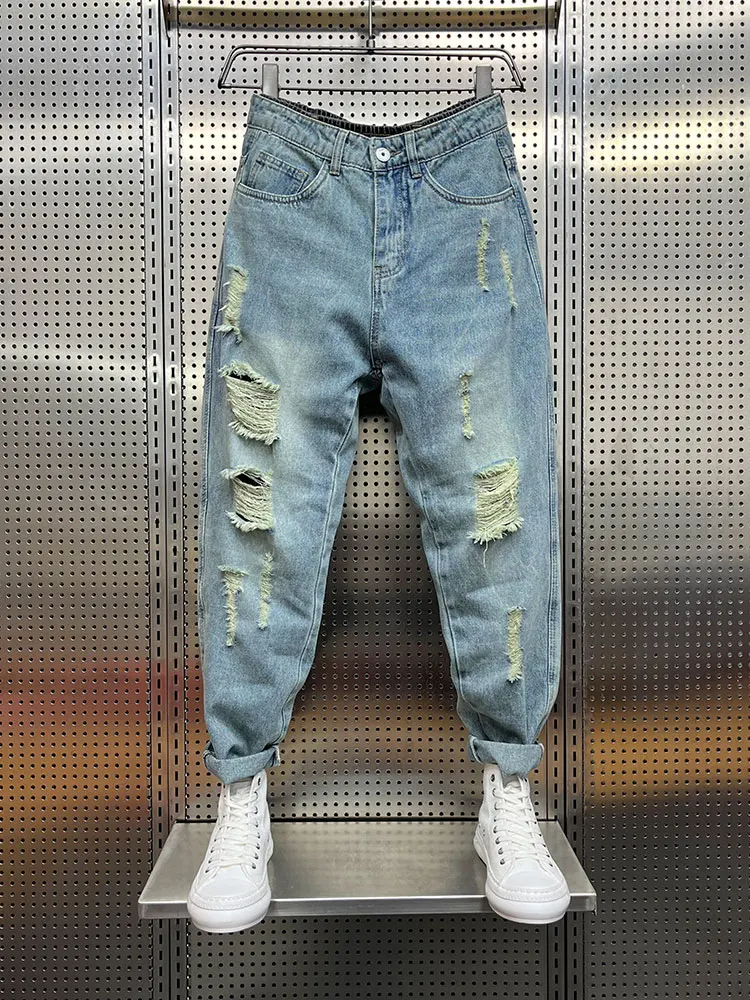 

Мужские летние модные джинсы-харланы свободного кроя с дырками, зауженные к низу, широкие брюки в стиле «старый папа», повседневная одежда