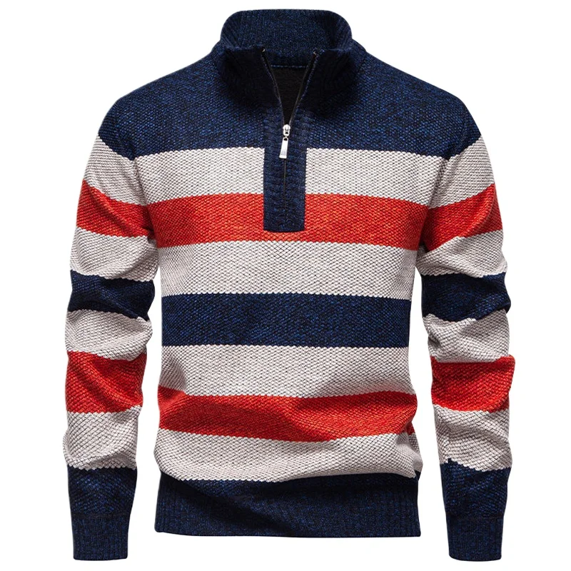 

Striped Patchwork Color Sweater Vintage Clothes Mens Sweatshirt Half Zipper Designer Warm Fleece Jerseys Man Pull Oversize Homme