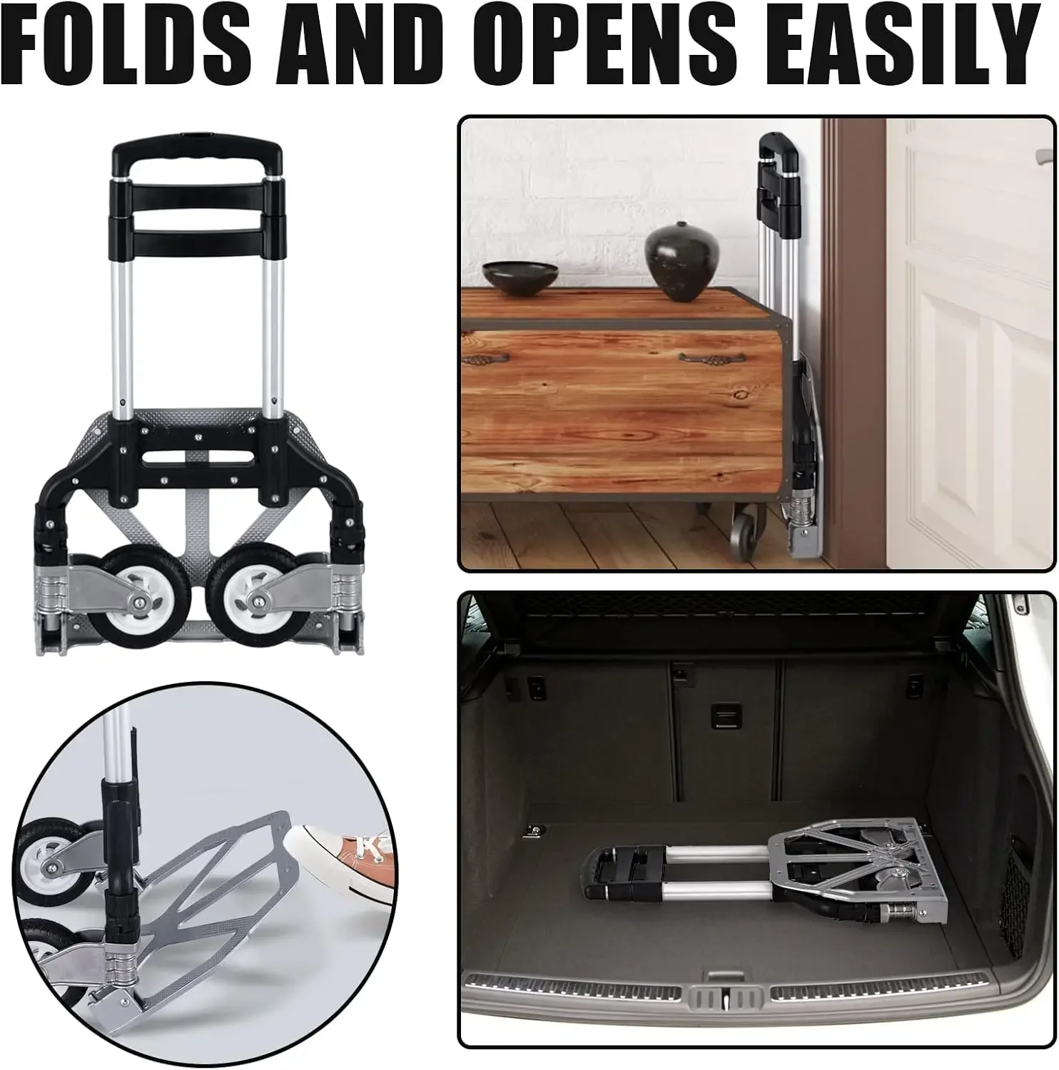 عربة أمتعة ألومنيوم شاحنة يدوية قابلة للطي، تحميل 165 رطلاً، مع سلك بنجي، مقبض تصغير، تعليق عجلة ألومنيوم صلب