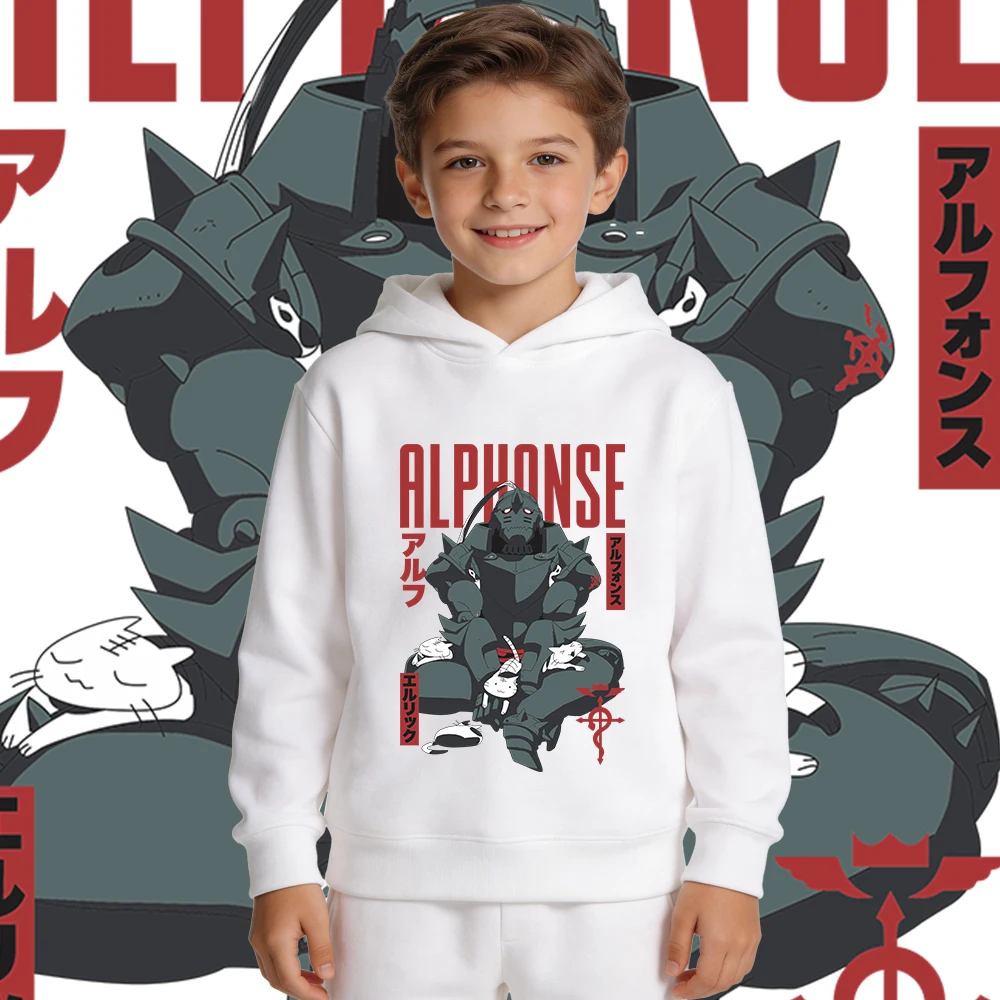 Full Metal Alchemist Alphonse Print Fleece Lined Hoodie for Boys Girls Kids Autumn Winter Warm Casual Pullover Sweatshirt