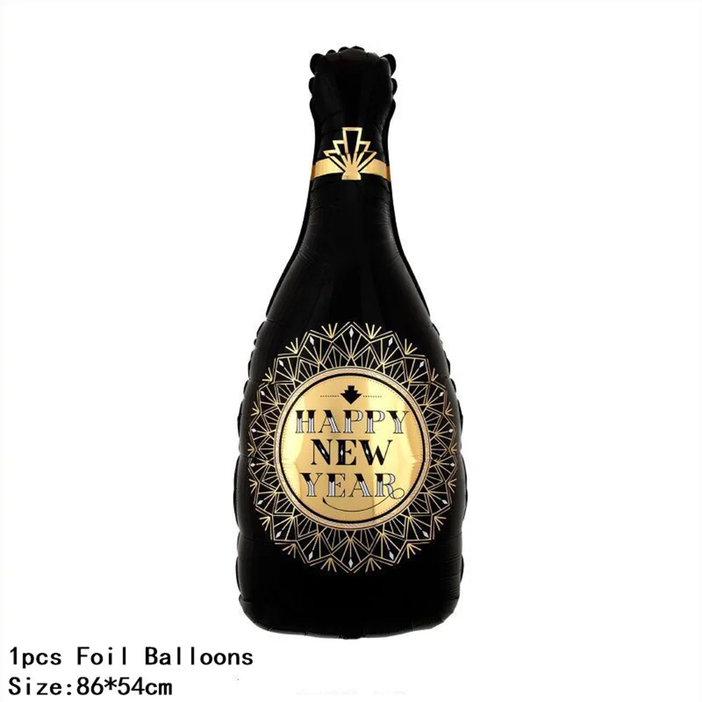 الذهبي 2026 بالونات حفلات السنة الجديدة زجاجة شمبانيا أكواب النبيذ احباط بالون سنة جديدة سعيدة الذهب الأسود السنة الجديدة لوازم الحفلات