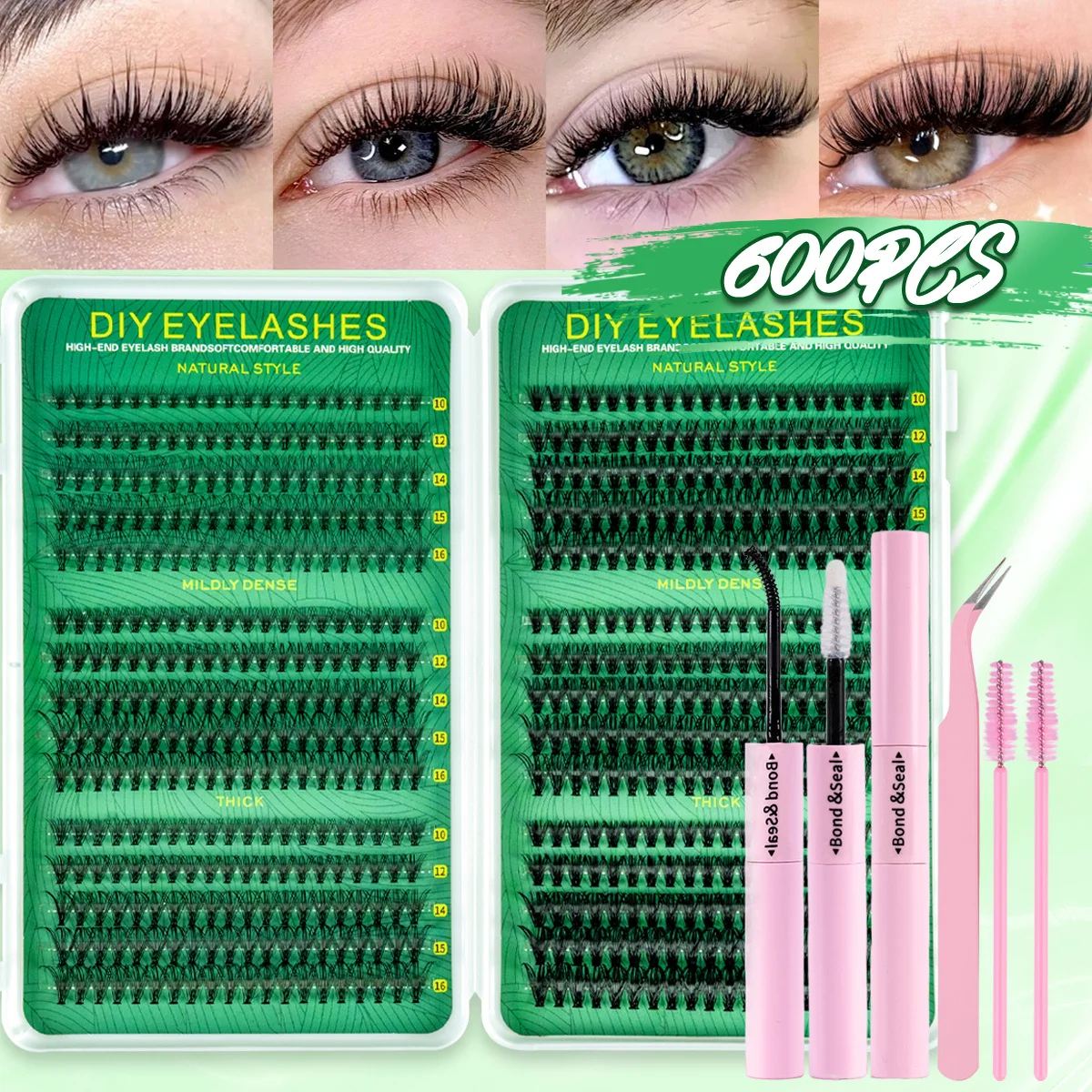 600-teiliges D-Curl Fluffy Cluster-Wimpern-Set, 10–16 mm, zum Selbermachen mit Kleber und Pinzette für Anfänger, wiederverwendbarer natürlicher Tag/Nacht-/Hochzeits-Look