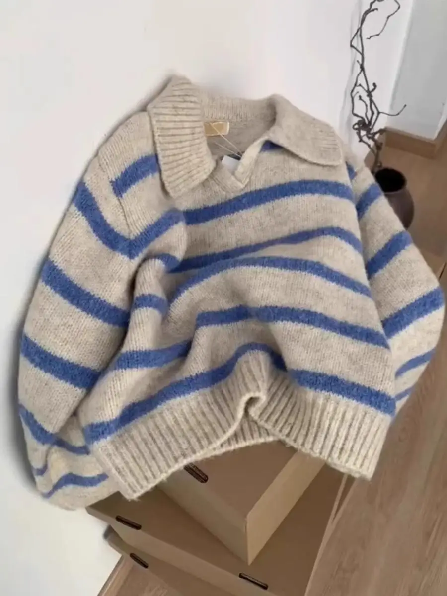 

Soft Long Sve Ne Knitted Sweater Women's Autumn Winter Lazy Overhead Blue Stripe Casual Comfortable Warmth Clothing