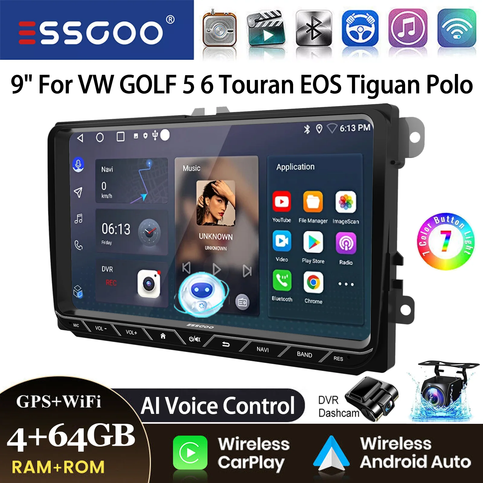 ESSGOO Android 14 Autoradio 9" 4+64GB CarPlay voor VW Golf 5 6 Passat B6 B7 Polo 6R Touran Tiguan Caddy EOS Jetta T5 Seat Skoda GPS Navigatie WIFI FM Bluetooth RDS Touchscreen Mirror Link