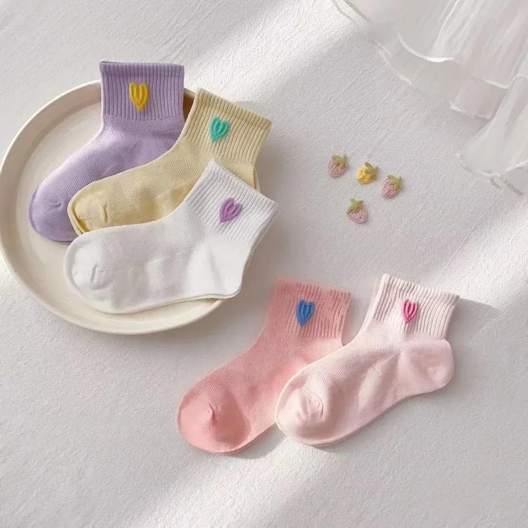 5Pairs Women Cute Ankle Socks Kawaii Heart Embroidery Macaron Color Cotton Breathable Short Socks Japanese Korean Style